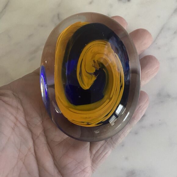 Egermann Czech Paper Weight Hand Blown Crystal Magic Stone Blue & Yellow - Picture 4 of 6